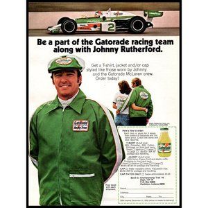 1975 Gatorade Vintage Print Ad Johnny Rutherford McLaren Race Team Wall Art